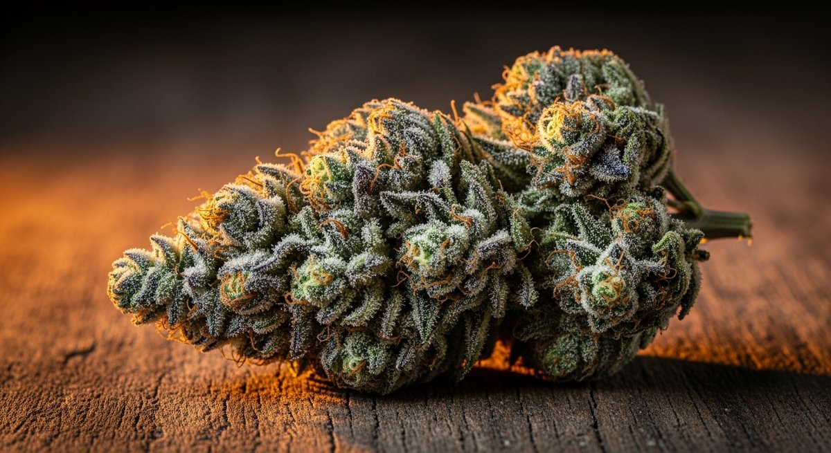 Kosher Kush vs Key Lime Pie — Which Is Right for You? 4 Dense, frosted Kosher Kush indica bud with purple undertones resting on dark aged wood