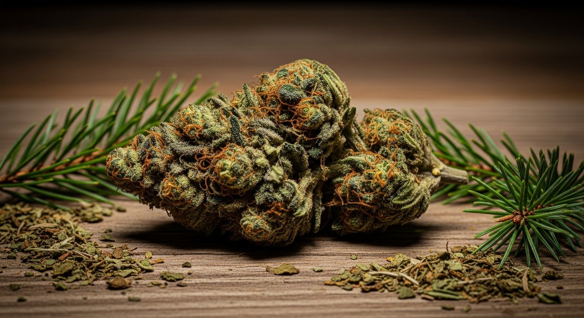 LA Kush Cake vs LA Confidential — Which Is Right for You? 5 LA Confidential cannabis bud with earthy green tones on weathered wood surface with pine sprigs