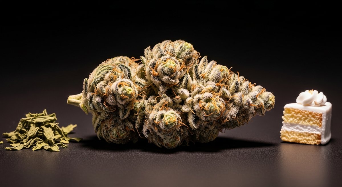 LA Kush Cake vs LA Confidential — Which Is Right for You? 4 LA Kush Cake cannabis bud with dense trichome coverage on dark ceramic surface alongside mint leaves