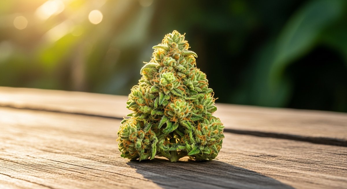 Lava Cake vs Lamb’s Bread — Which Is Right for You? 5 Bright green Lamb's Bread sativa bud on weathered wood with tropical foliage background in warm sunlight