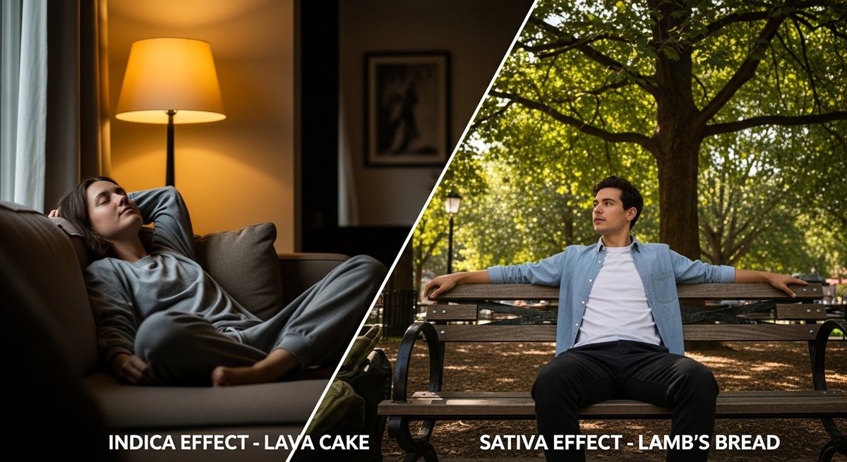 Lava Cake vs Lamb’s Bread — Which Is Right for You? 6 Split scene contrasting relaxed indoor lounging for Lava Cake effects versus alert outdoor energy for Lamb's Bread