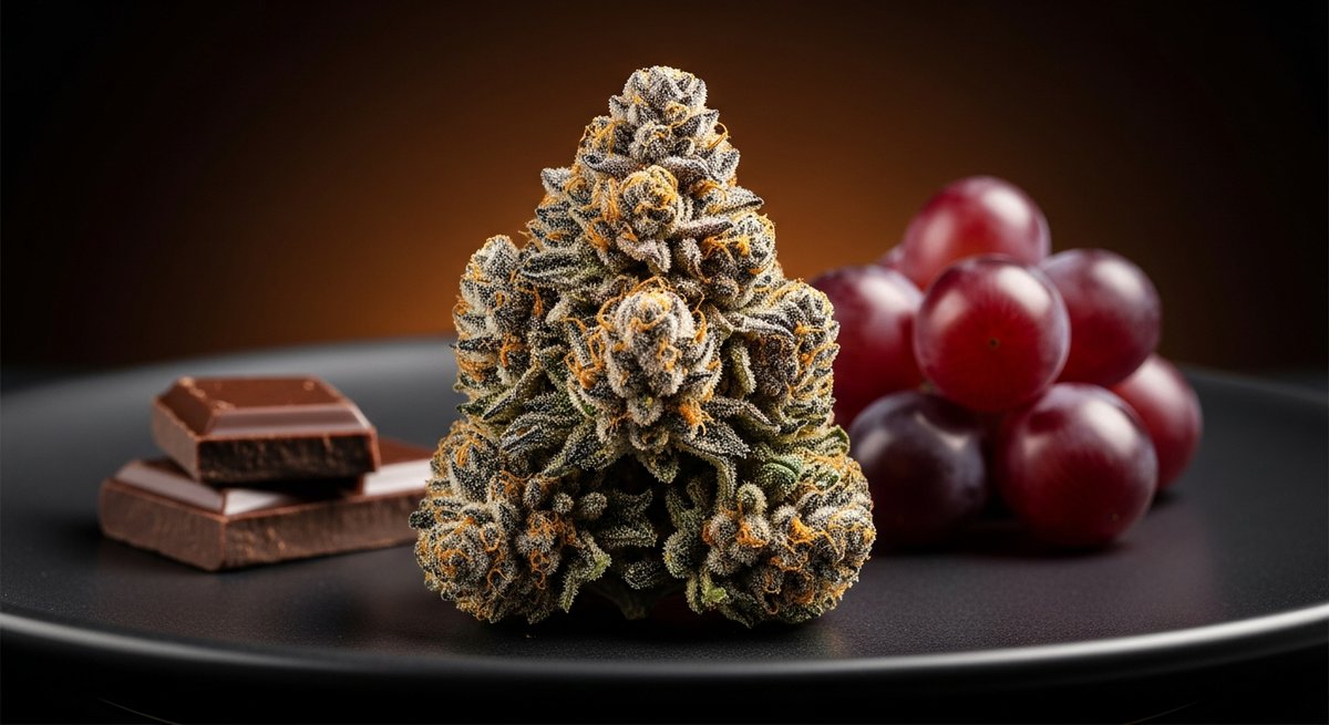 Lava Cake vs Lamb’s Bread — Which Is Right for You? 4 Lava Cake cannabis bud on dark ceramic plate beside dark chocolate and grapes, evoking its dessert lineage