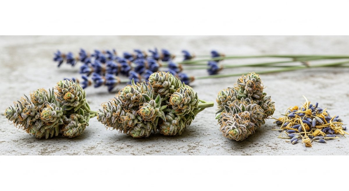 Purple Punch strain vs Lavender strain — Which Is Right for You? 5 Lavender strain cannabis buds on grey stone surrounded by fresh lavender sprigs and dried flowers