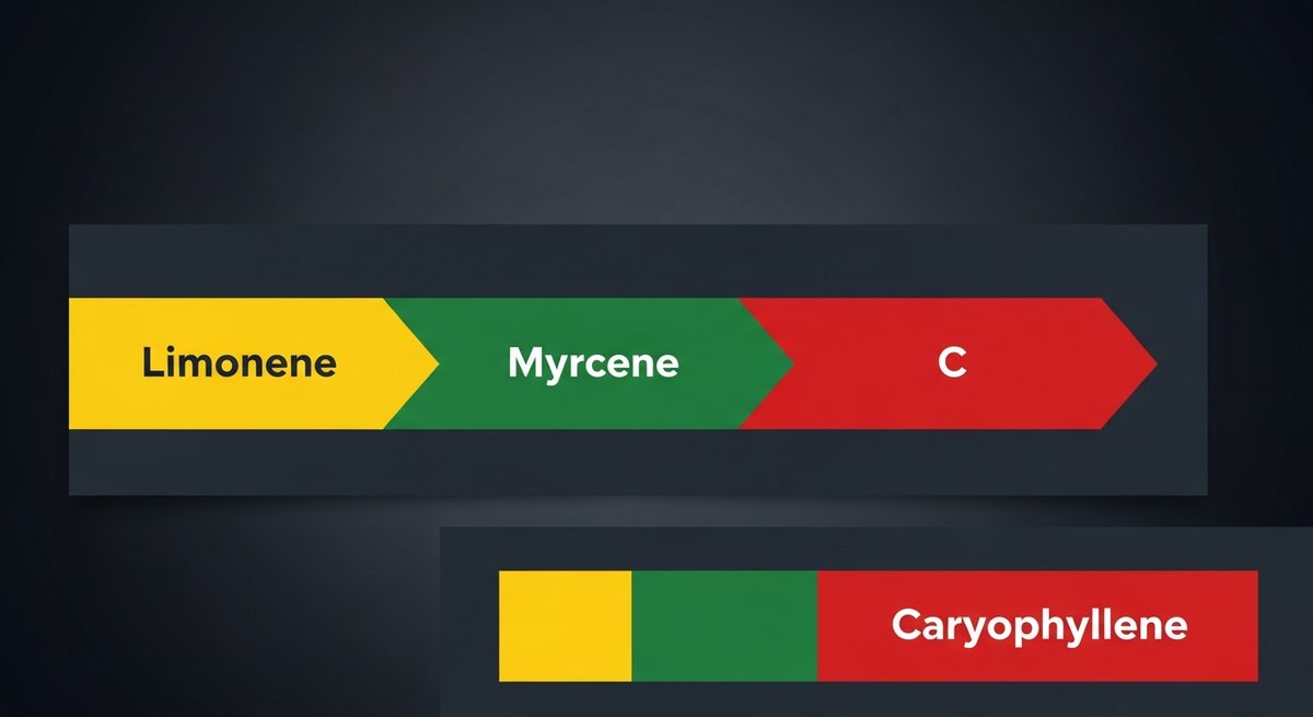 Lemon Bananas Strain 2 Terpene profile graphic for Lemon Bananas showing Limonene in yellow, Myrcene in green, and Caryophyllene in red