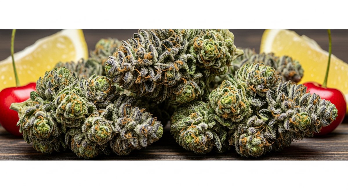 Lemon Cherry Gelato vs Sunset Sherbet — Which Is Right for You? 4 Macro shot of Lemon Cherry Gelato cannabis buds with lemons and cherries illustrating its citrus-berry terpene profile