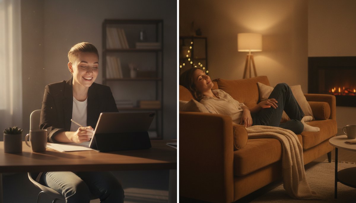 Lemon Cherry Gelato vs Sunset Sherbet — Which Is Right for You? 6 Two adults in a living room contrasting creative uplifted energy versus calm body relaxation illustrating strain effects