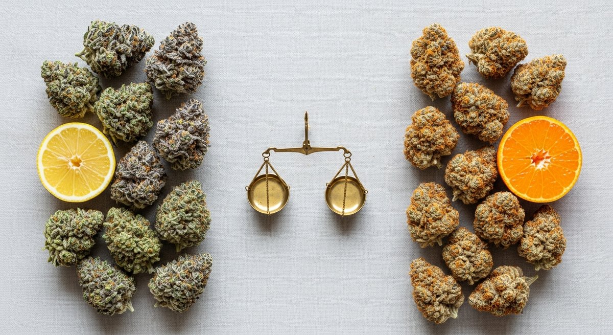 Lemon Cherry Gelato vs Sunset Sherbet — Which Is Right for You? 5 Overhead flat-lay of Lemon Cherry Gelato and Sunset Sherbet buds flanking a balance scale showing key differences