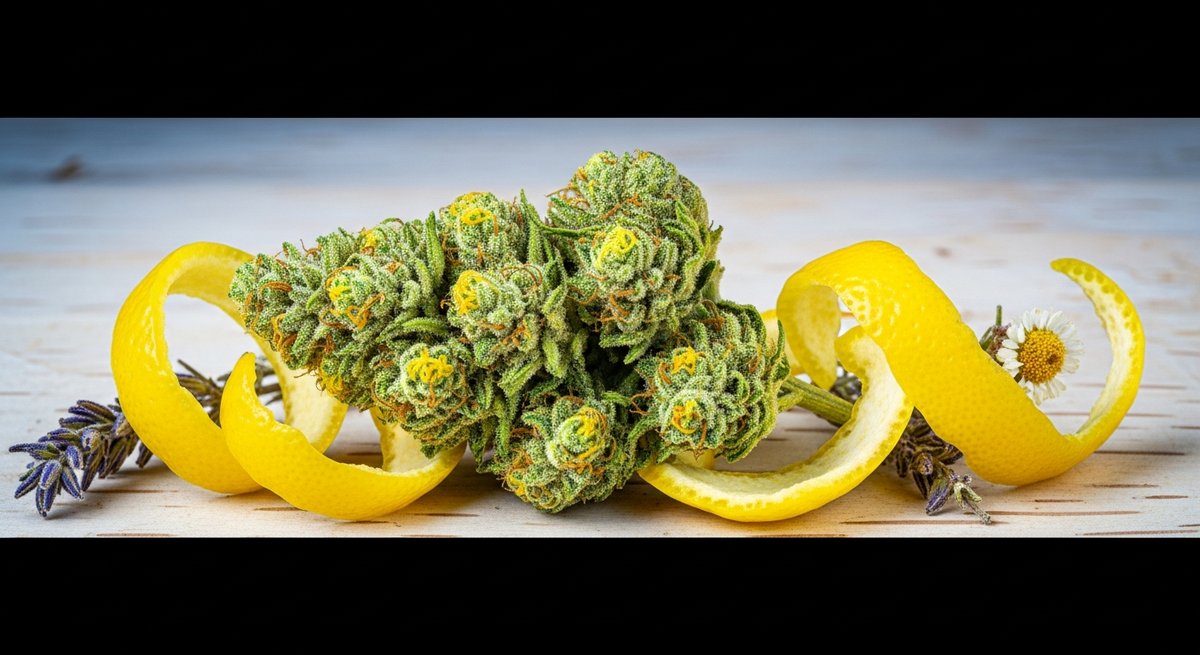 Lemon Tree vs Lemon Haze — Which Is Right for You? 5 Airy lime-green Lemon Haze cannabis bud with yellow pistils and lemon peel curls on pale birchwood