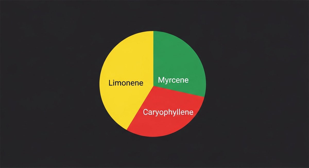 Lemon Ice Strain 2 Terpene profile graphic for Lemon Ice strain showing Limonene in yellow, Myrcene in green, and Caryophyllene in red