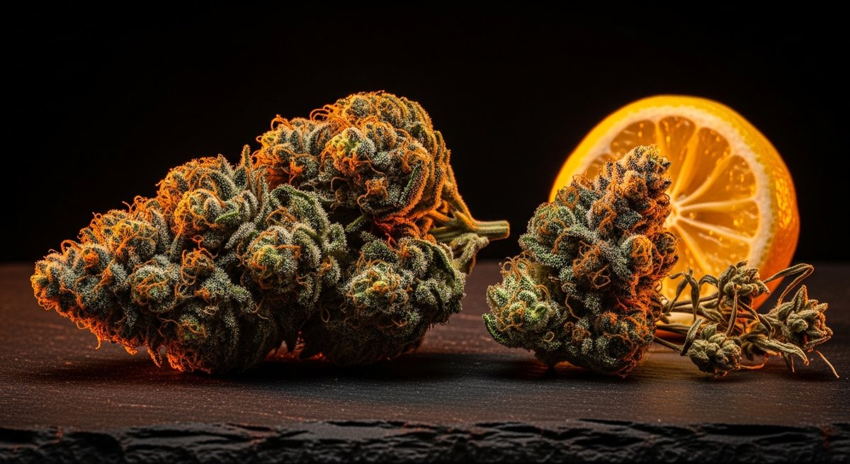 Lemon Tree vs Lemon Haze — Which Is Right for You? 4 Dense resinous Lemon Tree cannabis bud with amber pistils and lemon rind on dark slate surface