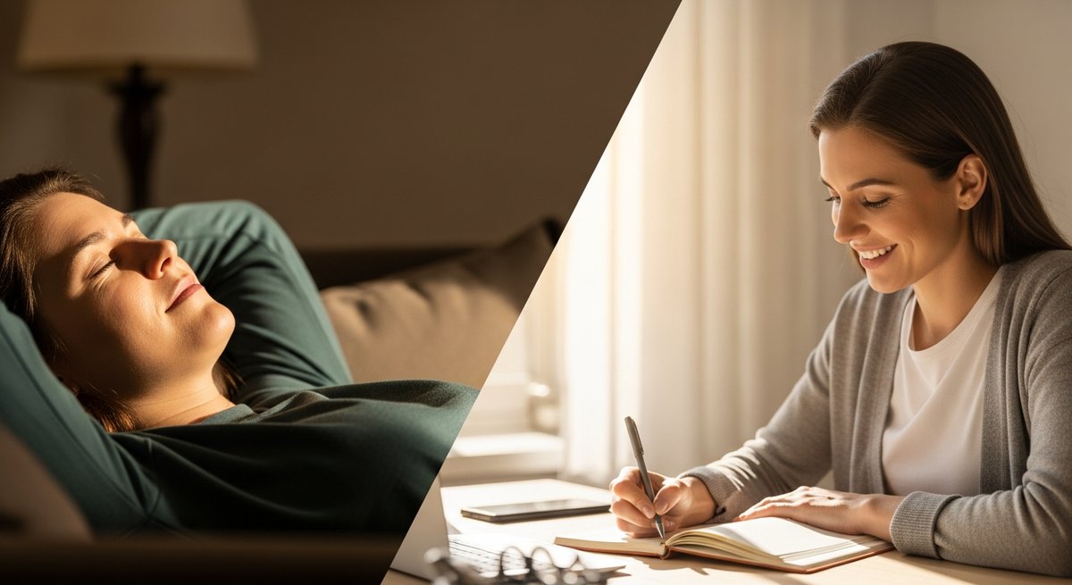 Lemon Tree vs Lemon Haze — Which Is Right for You? 6 Split lifestyle scene contrasting calm relaxation on a couch versus focused daytime energy at a sunlit desk
