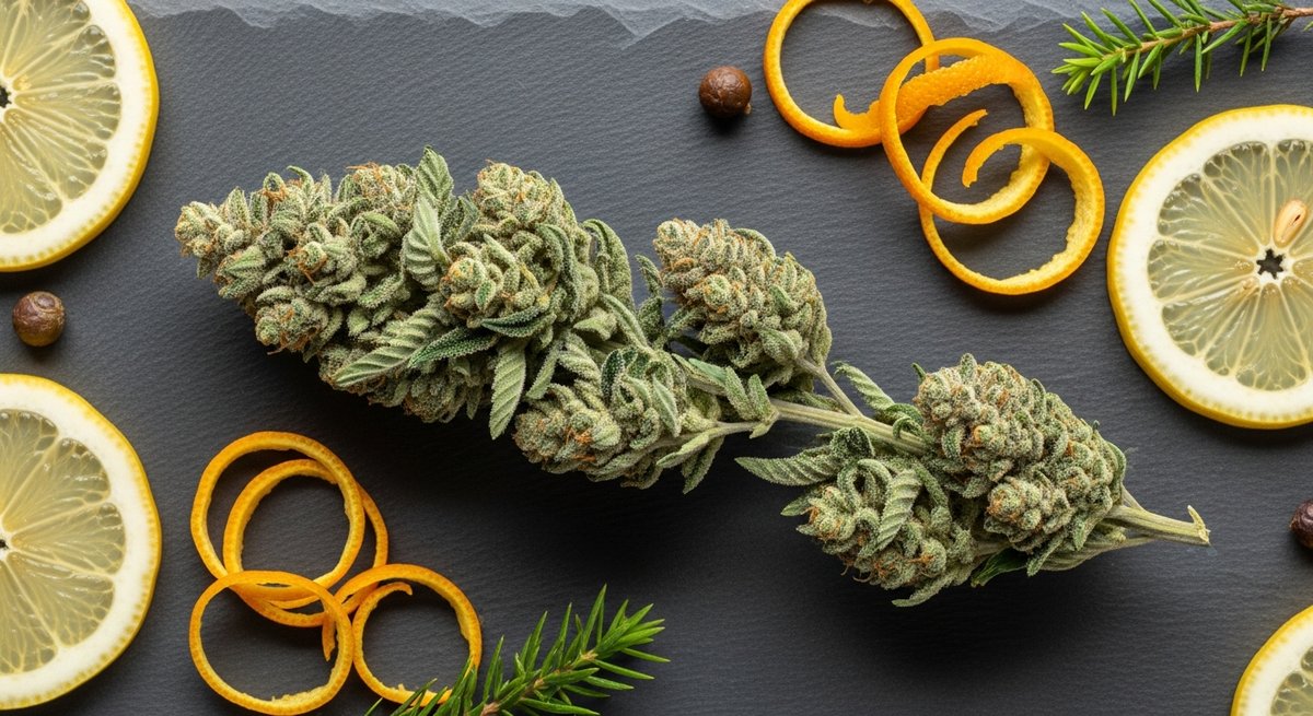 Myrcene dominant strain vs Limonene dominant strain — Which Is Right for You? 5 Limonene-dominant sativa cannabis buds with bright trichomes next to lemon slices, orange zest, and juniper on slate