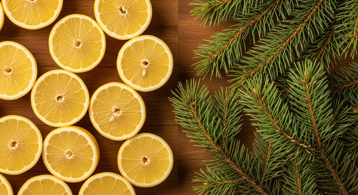Limonene and Pinene: The Creative Terpenes in Your Vape 7 Halved lemons and pine needles with resin drops side by side representing limonene and pinene aromatic compounds