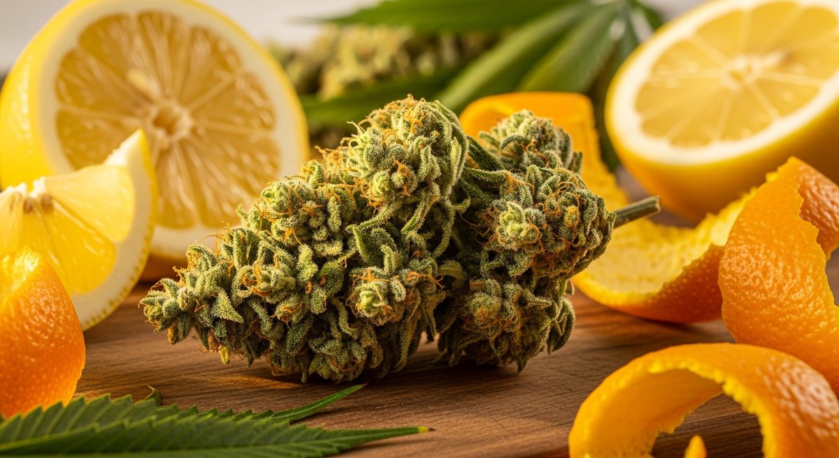 Limonene strain vs Pinene strain — Which Is Right for You? 4 Cannabis bud with citrus lemons and orange peel illustrating the limonene terpene profile