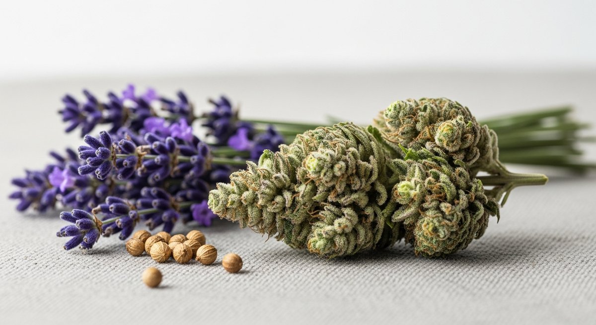 Caryophyllene strain vs Linalool strain — Which Is Right for You? 5 Linalool cannabis bud with violet hues beside fresh lavender sprigs and coriander seeds on linen
