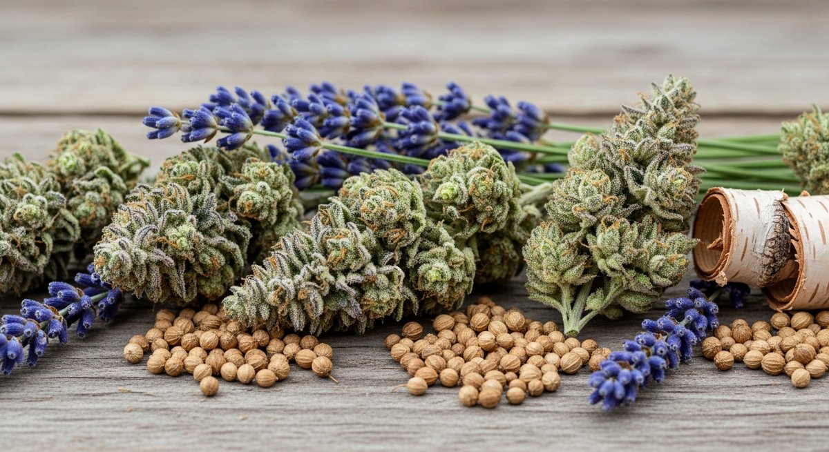 Linalool strain vs Myrcene for sleep strain — Which Is Right for You? 4 Linalool-rich cannabis buds arranged with lavender, coriander seeds, and birch bark on a wooden surface