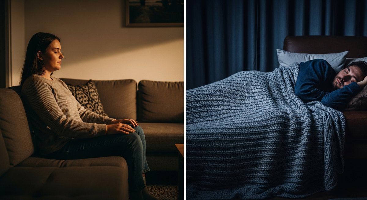 Linalool strain vs Myrcene for sleep strain — Which Is Right for You? 5 Split editorial scene comparing calm functional relaxation versus deep sedative heaviness for two cannabis terpene profiles