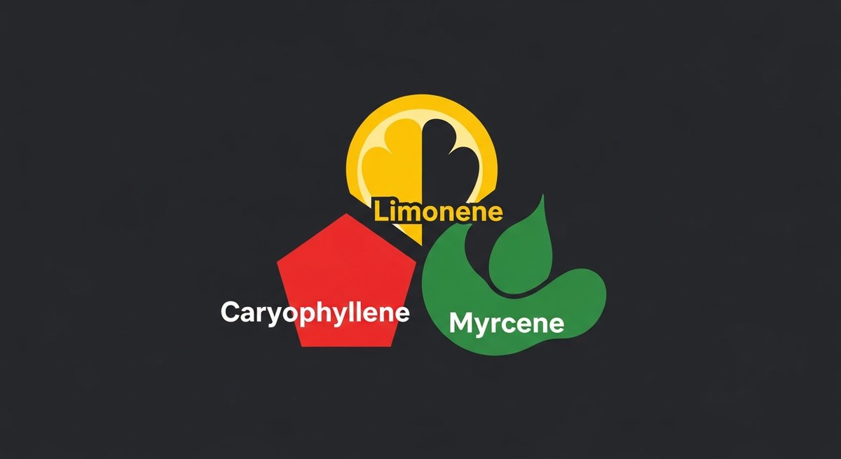 Lions Cake Strain 2 Terpene profile graphic for Lions Cake showing Caryophyllene in red, Limonene in yellow, and Myrcene in green