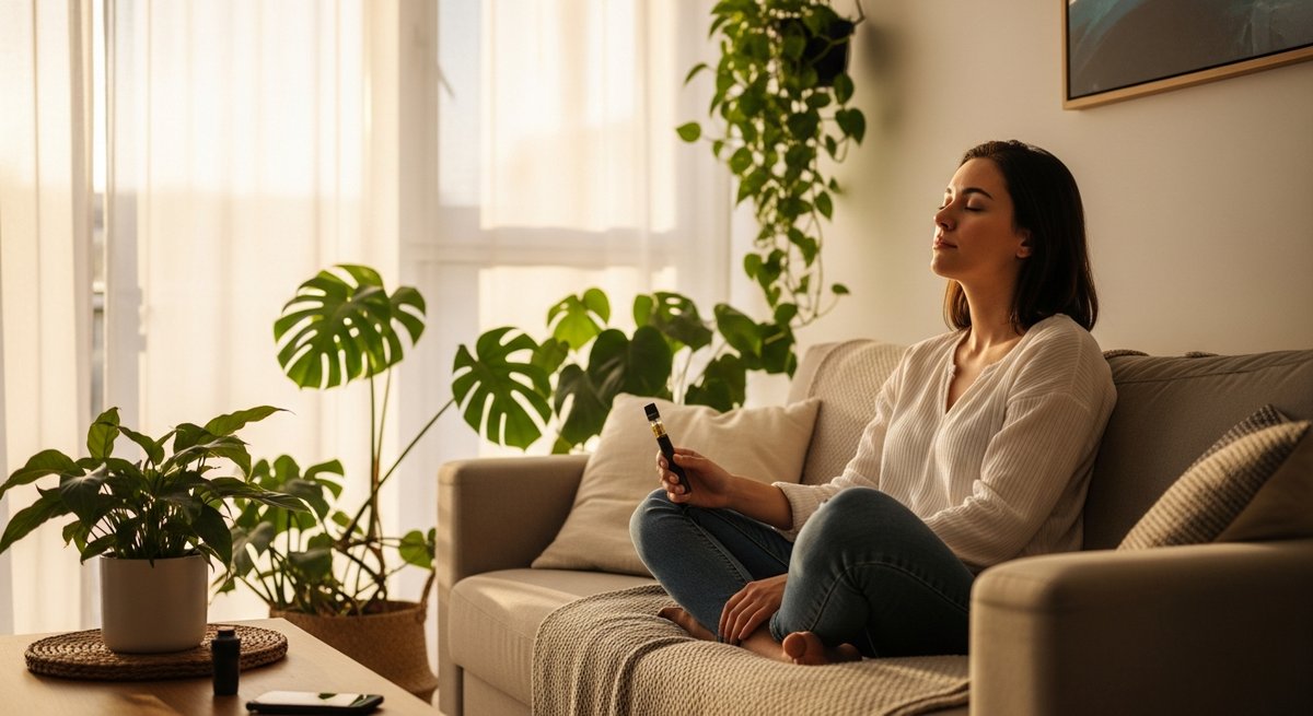 Live Resin strain vs Distillate carts strain — Which Is Right for You? 6 Adult woman relaxing calmly on a couch in a warmly lit living room holding a vape pen, evoking anxiety relief