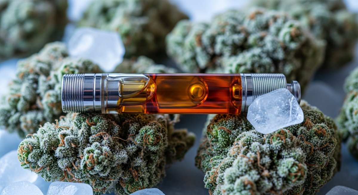 Live Resin Carts strain vs Distillate Carts strain — Which Is Right for You? 4 Live resin vape cartridge resting on freshly frozen cannabis buds with glistening trichomes and ice crystals