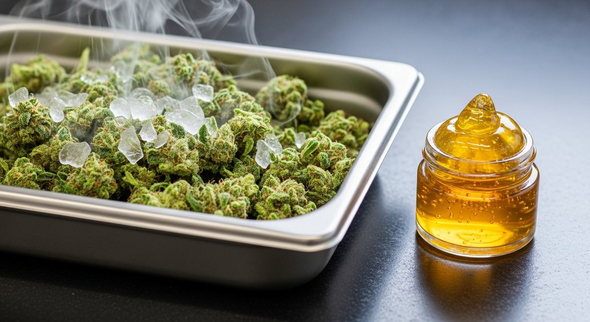 Live Resin strain vs THCA Flower strain — Which Is Right for You? 4 Fresh cannabis plant material flash-frozen beside a jar of golden live resin concentrate on a lab workbench