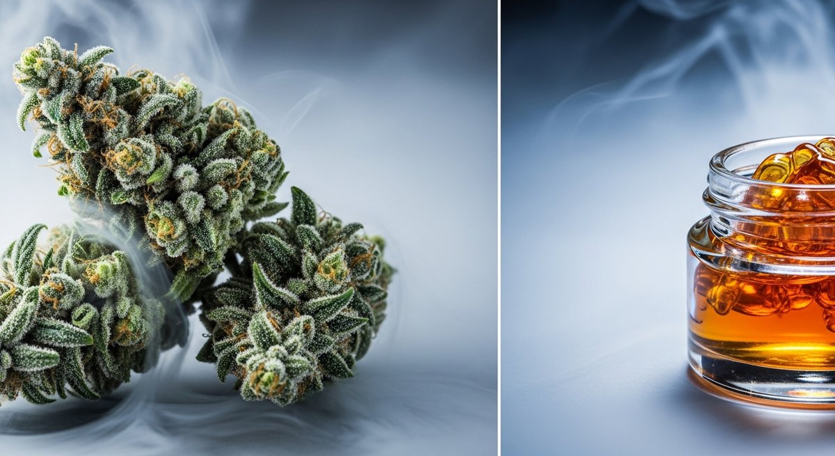 Wax strain vs Live Resin strain — Which Is Right for You? 5 Freshly harvested cannabis buds on dry ice beside a jar of glossy amber live resin concentrate