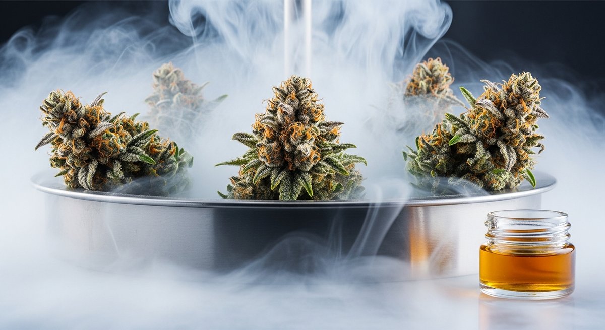 Live Resin strain vs Distillate carts strain — Which Is Right for You? 4 Fresh cannabis buds surrounded by cold vapor next to a jar of amber live resin concentrate on a frosted surface