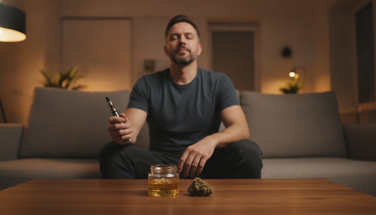 Live Resin strain vs THCA Flower strain — Which Is Right for You? 6 Relaxed adult man with eyes closed in a warmly lit living room, vaporizer in hand, live resin jar on coffee table