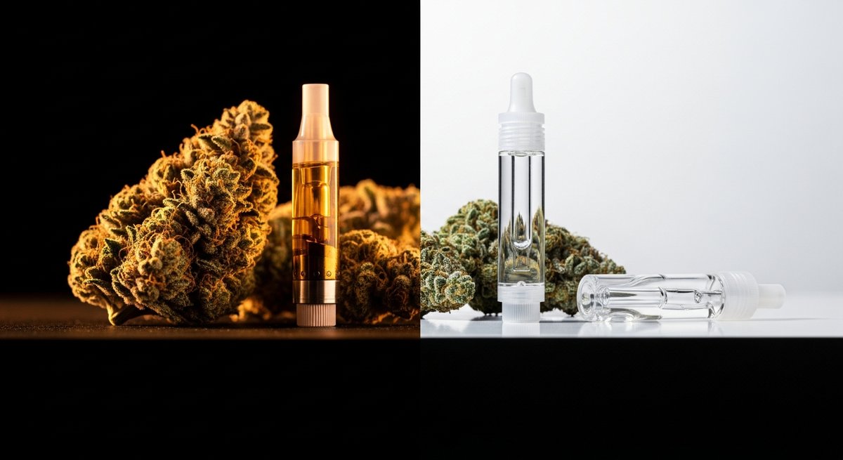 Live Resin Carts strain vs Distillate Carts strain — Which Is Right for You? 6 Split-frame comparison of amber live resin cartridge with cannabis buds beside a clear distillate cartridge on clean surface