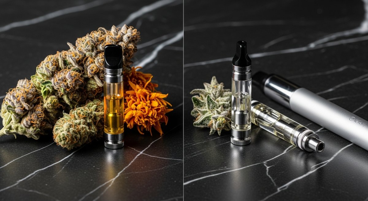 Live Resin strain vs Distillate carts strain — Which Is Right for You? 5 Split composition comparing live resin cartridge with amber oil and cannabis buds vs clear distillate cartridge on dark marbl