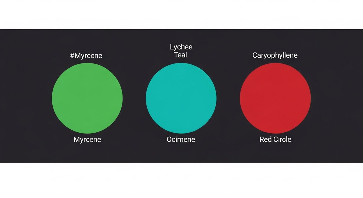 Lychee Strain 2 Terpene profile graphic for Lychee strain showing Myrcene in green, Ocimene in teal and Caryophyllene in red