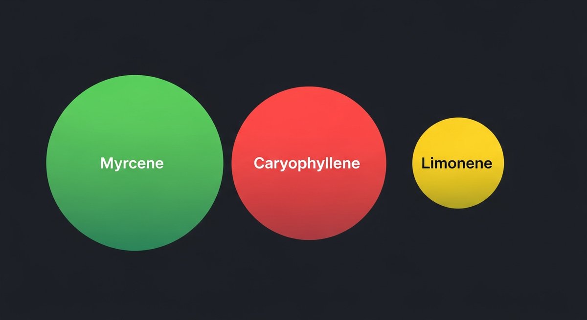 Malibu OG Strain 2 Terpene profile graphic for Malibu OG showing Myrcene in green, Caryophyllene in red, and Limonene in yellow.