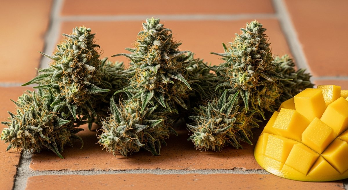 Banana Kush Strains vs Mango Kush Strains — Which Is Right for You? 5 Mango Kush cannabis buds with vivid orange pistils on terracotta tile alongside a fresh mango slice