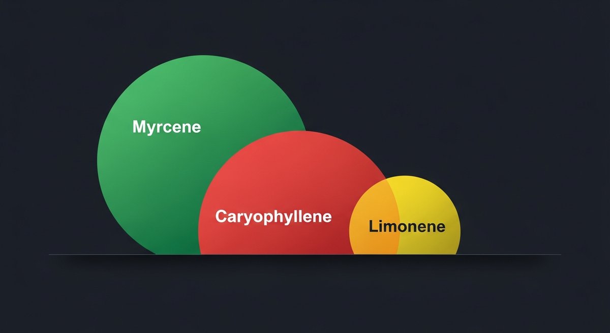 Master Jedi Strain 2 Terpene profile graphic for Master Jedi strain showing Myrcene green, Caryophyllene red, and Limonene yellow