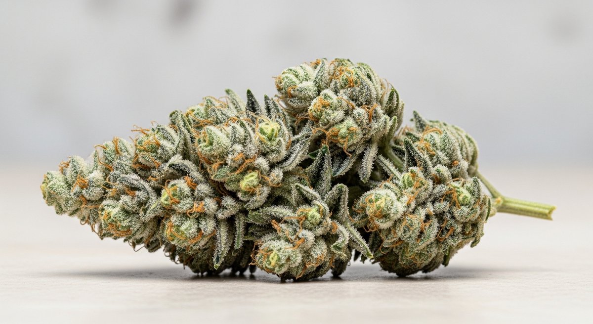 Bubba Kush strain vs Master Kush strain — Which Is Right for You? 5 Master Kush cannabis bud with frosted silver trichomes and light sage-green coloring displayed on pale stone surface