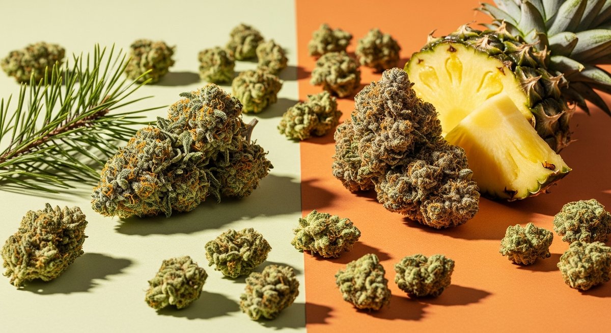Maui Wowie strains vs Pineapple Express strains — Which Is Right for You? 5 Cannabis buds with pine sprig and pineapple slice illustrating the contrasting effects of Maui Wowie and Pineapple Express