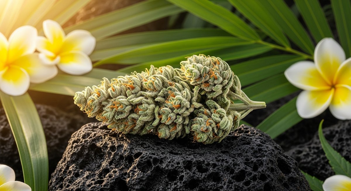 Maui Wowie strains vs Pineapple Express strains — Which Is Right for You? 4 Maui Wowie sativa cannabis bud on Hawaiian volcanic rock surrounded by tropical leaves and plumeria flowers
