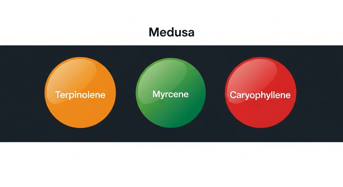 Medusa Strain 2 Terpene profile graphic for Medusa strain showing Terpinolene in orange, Myrcene in green, and Caryophyllene in red