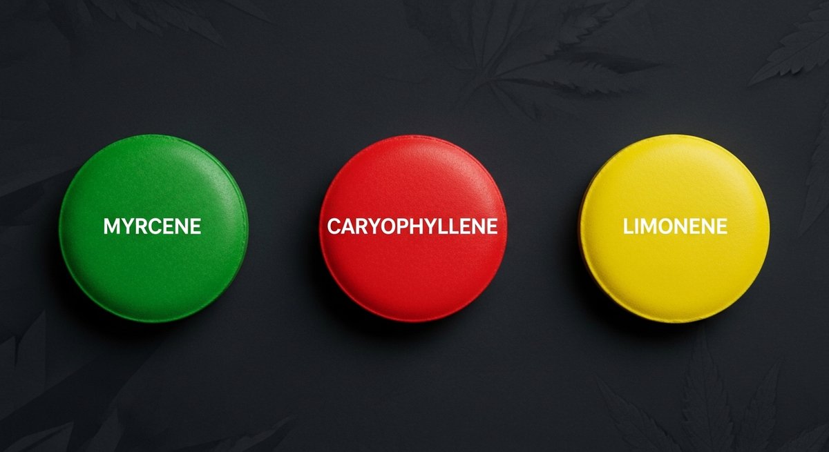 Menage Strain 2 Terpene profile graphic for Menage strain showing Myrcene in green, Caryophyllene in red, and Limonene in yellow