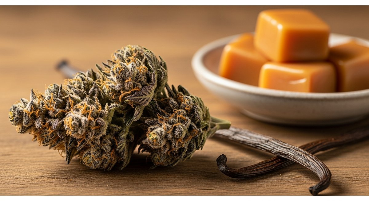 Mendo Breath vs LSD — Which Is Right for You? 4 Mendo Breath cannabis bud with caramel and vanilla bean on a wooden surface highlighting its sweet aromatic profile