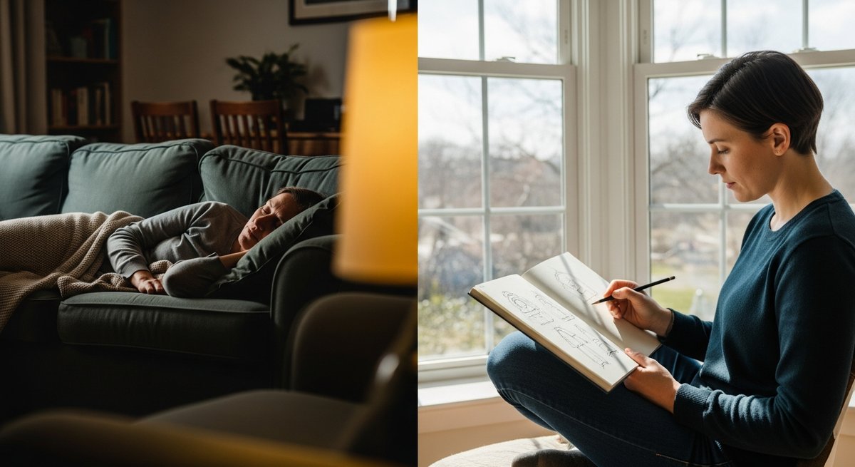 Mendo Breath vs LSD — Which Is Right for You? 5 Split scene showing deep body relaxation on a sofa versus alert creative focus by a window, contrasting two strain effects