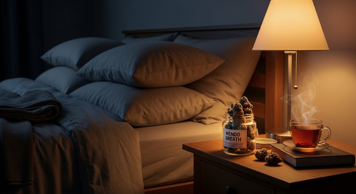 Mendo Breath vs LSD — Which Is Right for You? 6 Cozy nighttime bedroom with cannabis jar, herbal tea, and a book on the nightstand evoking a sleep-focused wind-down routine