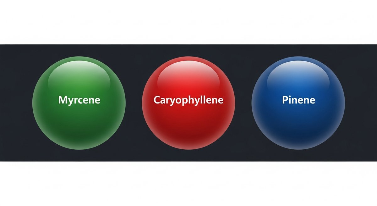 Mendocino Purps Strain 2 Terpene profile graphic for Mendocino Purps showing Myrcene in green, Caryophyllene in red, and Pinene in blue
