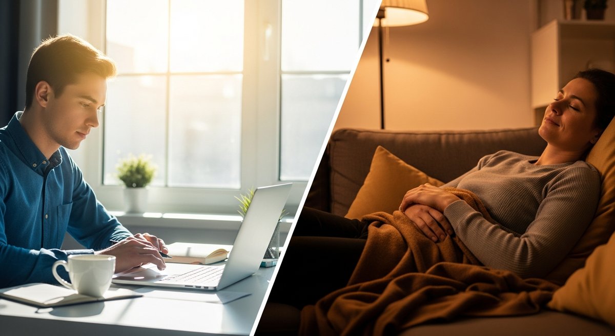 Mimosa vs Papaya — Which Is Right for You? 6 Split lifestyle scene showing one adult energized at a bright desk and another relaxed on a sofa illustrating contrasting str