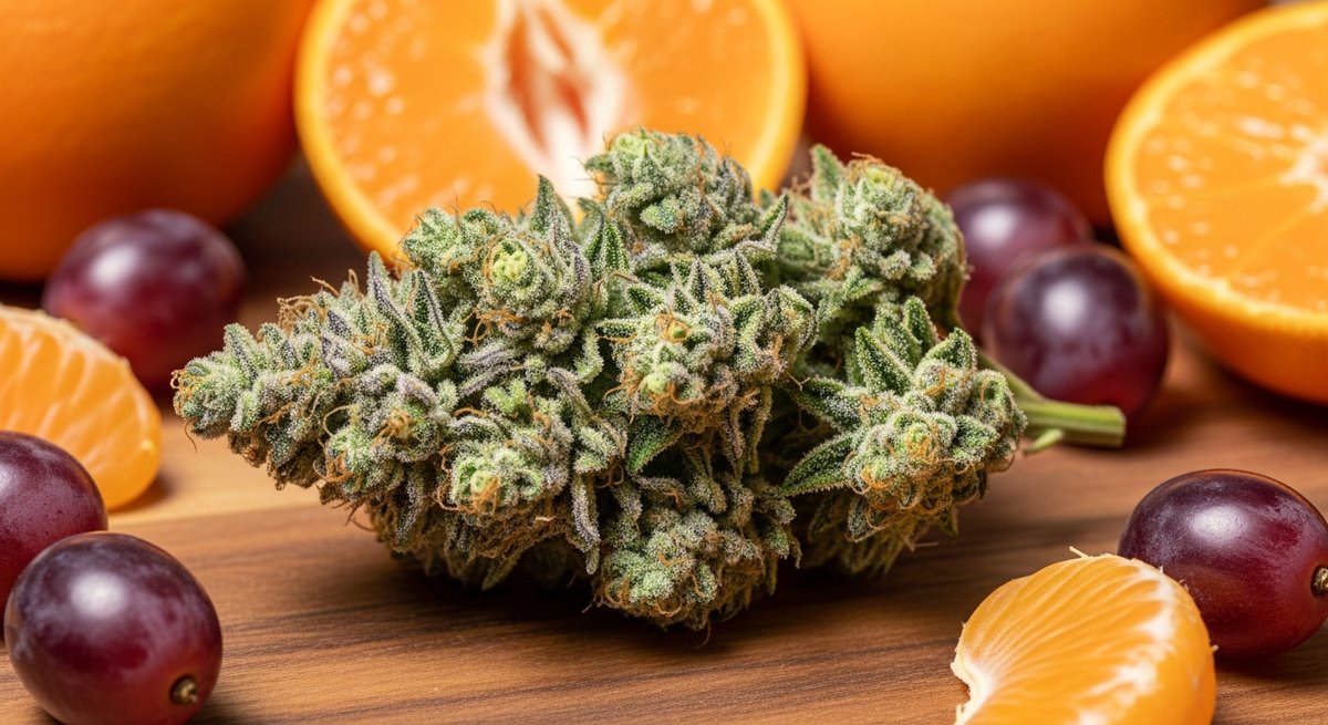 Mimosa vs Papaya — Which Is Right for You? 4 Mimosa cannabis bud on wood surrounded by clementine halves and purple grapes evoking its parent strains