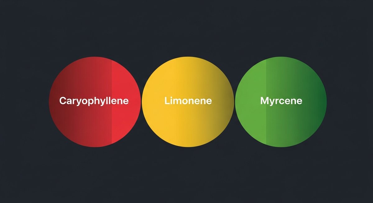mochi Strain 2 Terpene profile graphic for Mochi strain showing Caryophyllene in red, Limonene in yellow, and Myrcene in green