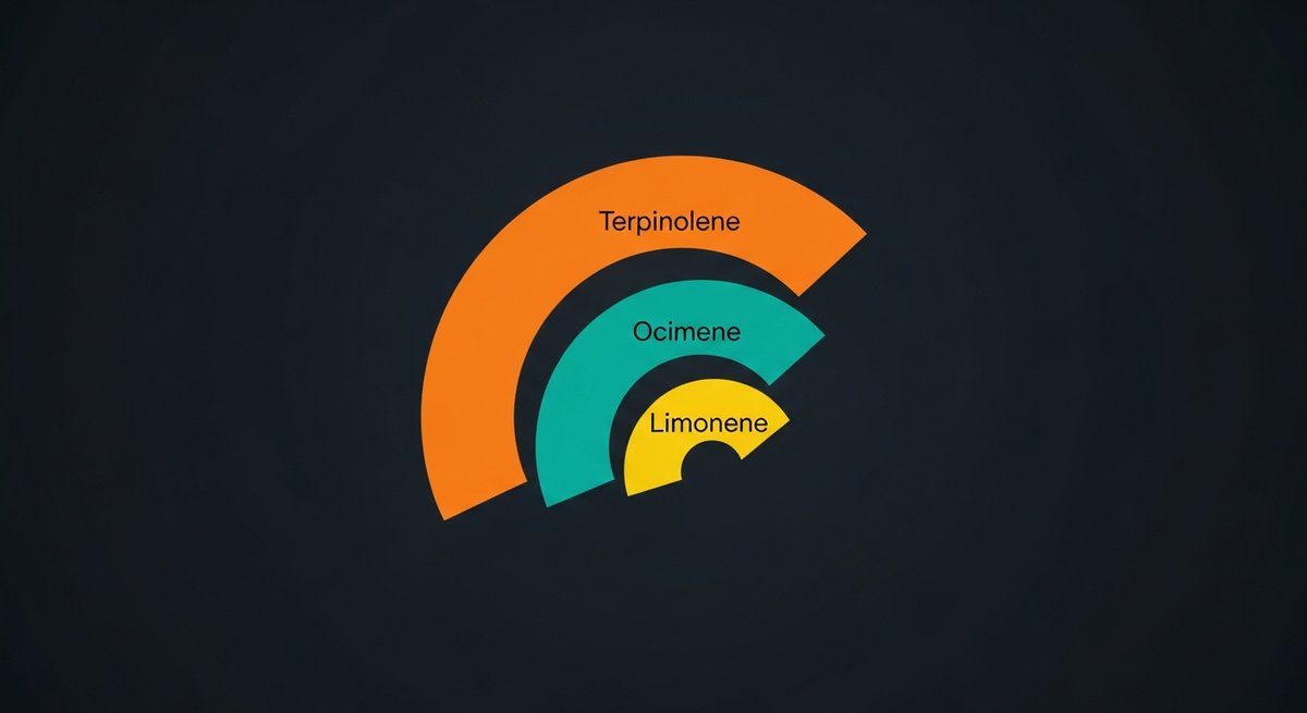 Mojito Strain 2 Terpene profile graphic for Mojito strain showing Terpinolene in orange, Ocimene in teal, and Limonene in yellow