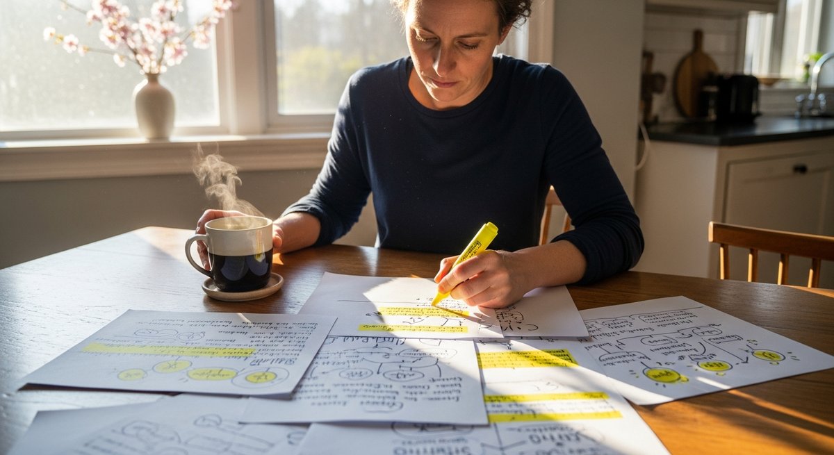 How to Vape for Brainstorming Without Losing the Thread 12 Adult reviewing handwritten brainstorm notes with a highlighter over morning coffee in a sunlit kitchen the day after a sessi