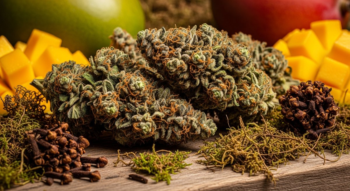 Myrcene dominant strain vs Limonene dominant strain — Which Is Right for You? 4 Dense dark-green myrcene-dominant cannabis buds beside ripe mango slices and clove pods on a wooden surface