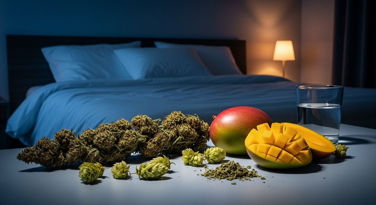 Linalool strain vs Myrcene for sleep strain — Which Is Right for You? 6 Myrcene-dominant cannabis buds beside mango and hops on a bedside table in a softly lit sleep-ready bedroom